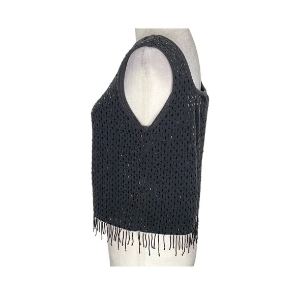 PETER NYGARD Women Fringe Cropped Sequence Blouse Pullover Sz M Black 77-10 - Picture 5 of 12